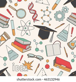 Science icon and reading icon seamless pattern hand drawn. Doodle colorful background vector. Sketch elements. Laboratory instruments and chemical formula backdrop