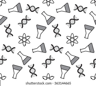 Science Icon seamless pattern grayscale on white background