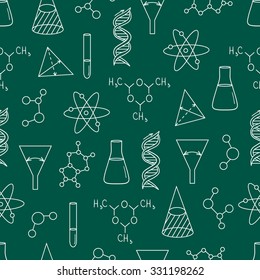 Science icon seamless pattern hand drawn. Doodle green background vector. Sketch elements. Laboratory instruments and chemical formula