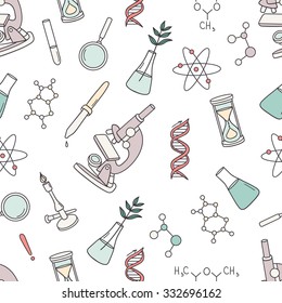 Science icon seamless pattern vector. Colorful background with modern thin line icons collection. Science backdrop with laboratory equipment and instruments. Decorative wallpaper, good for printing
