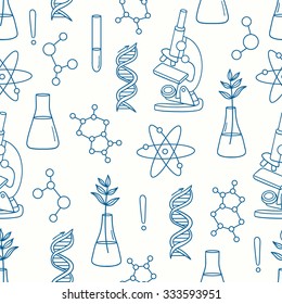 Science Icon Seamless Pattern Vector. Blue And White Background With Modern Thin Line Icons Collection. Science Backdrop With Laboratory Equipment And Instruments