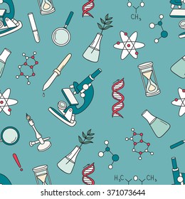 Science icon seamless pattern vector. Colorful background with modern thin line icons collection. Science backdrop with laboratory equipment and instruments. Decorative wallpaper, good for printing