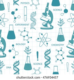 Science icon seamless pattern vector. Doodle colorful background with sketch elements. Laboratory instruments and chemical formula, hand drawn backdrop. Science background with laboratory equipment