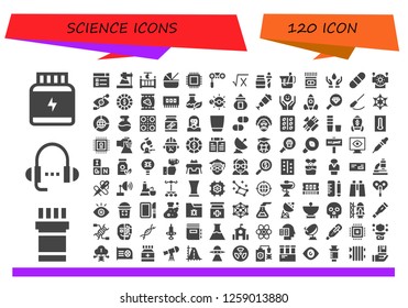  science icon set. 120 filled science icons. Simple modern icons about  - Protein, Medicine, Lesson, Learning, Flask, Cradle, Cpu, Binoculars, Math, Pipette, Beaker, Blood donation