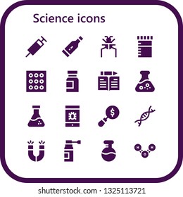 science icon set. 16 filled science icons.  Simple modern icons about  - Syringe, Thermometer, Parasite, Urine, Drugs, Medicine, Learn, Flask, Virus, Magnifying glass, Genetic