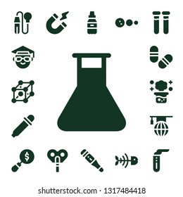 science icon set. 17 filled science icons.  Collection Of - Pipette, Scientist, Cells, Flask, Eye dropper, Pills, Chemical reaction, Learning, Magnifying glass, Magnetism, Automaton