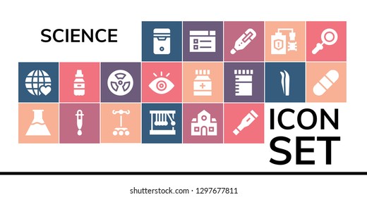 science icon set. 19 filled science icons. Simple modern icons about  - Cpu, Earth grid, Flasks, Dropper, Newton cradle, School, Thermometer, Medicine, Radiation, View, Urine