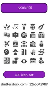  science icon set. 25 filled science icons. Simple modern icons about  - Blood donation, Math, Test tube, Education, Tweezers, Virus, Planet, Medicine, Learn, Satellite, Vitamins