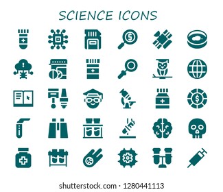  science icon set. 30 filled science icons. Simple modern icons about  - Blood test, Chip, Sd card, Magnifying glass, Satellite, Petri dish, Virus, Pills, Medicine, Wisdom, Earth grid