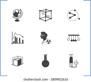Science icon set and 3d modeling with hydraulics, chemical bulb and newtons cradle. Pendulum related science icon vector for web UI logo design.
