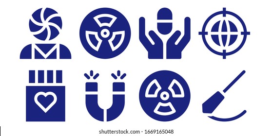 science icon set. 8 filled science icons.  Simple modern icons such as: Drug, Psychology, Magnets, Radioactive, Radiation, Pill, Pendulum, Earth grid