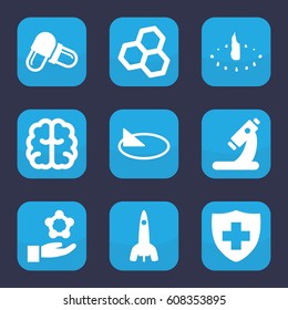Science icon. set of 9 filled science icons such as brain, microscope, pill, medical sign, rocket, sundial, atom in hand
