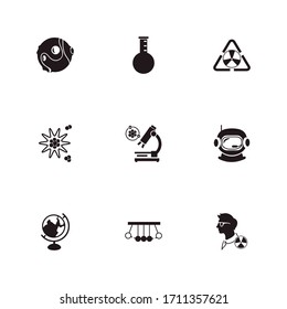 Science icon set and astronaut helmet with radiation hazard, physical research and planet with craters. Radioactive related science icon vector for web UI logo design.