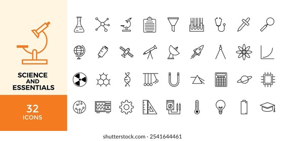 Science Icon Set, Back to School, Science Fair Project Simple Linear Icons For Website, App, Banner