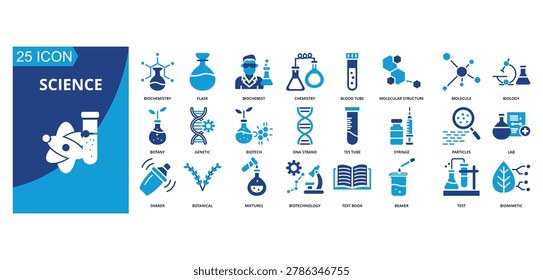 science icon set of biochemistry, flask, biochemist, chemistry, blood tube, molecular structure, molecule, biology, botany, genetic, biotech, DNA strand, test tube, syringe, particles, lab, shaker, botanical, mixtures, science, biotechnology, textbook, beaker, test, biomimetic,
