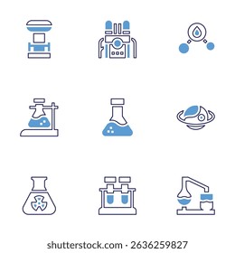 Science icon set. Bold line style. Duotone colors. Editable stroke. tesla coil, machine, molecule, flask, chemistry, planet, radiation, test tube, chemical process.