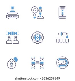 Science icon set. Bold line style. Duotone colors. Editable stroke. sieve shaker, microbiology, dna, genetic engineering, blood, twins, virtual lab, sample, planet.