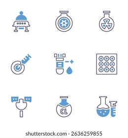 Science icon set. Bold line style. Duotone colors. Editable stroke. ufo, flask, chemistry, cell, blood test, test tube, qualitative research, ultra chlorine.