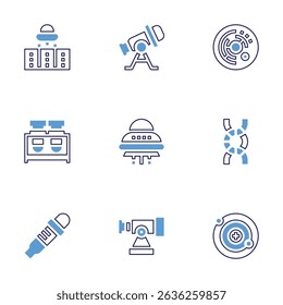 Science icon set. Bold line style. Duotone colors. Editable stroke. ufo, telescope, cell, flask, dna, pipette, neutron.