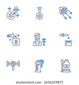 Science icon set. Bold line style. Duotone colors. Editable stroke. ufo, spy, experiment, scientist, chemical analysis, search, test tube, flask.