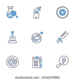 Science icon set. Bold line style. Duotone colors. Editable stroke. flask, observatory, proton, packing, planet, pipette, petri dish, document, search.