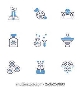 Science icon set. Bold line style. Duotone colors. Editable stroke. plant, moon, chemistry, red blood cells, biochemistry, float, ufo, bacteria.