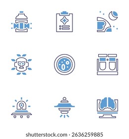 Science icon set. Bold line style. Duotone colors. Editable stroke. sample, report, moon, biology, petri dish, test tube, ufo, artificial intelligence.