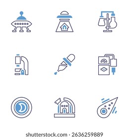 Science icon set. Bold line style. Duotone colors. Editable stroke. ufo, laboratory, microscope, dropper, ph meter, half moon, observatory, meteorite.