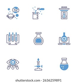 Science icon set. Bold line style. Duotone colors. Editable stroke. saturn, jar, lectern, virtual lab, flask, testing, eye, bunsen burner, chemistry.