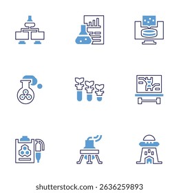 Science icon set. Bold line style. Duotone colors. Editable stroke. transfer, analysis, sample, test tube, test tubes, board, report, flask, abduction.