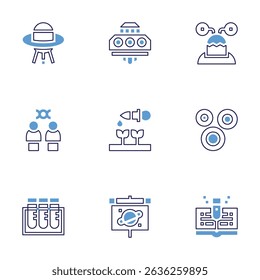 Science icon set. Bold line style. Duotone colors. Editable stroke. ufo, alien, cloning, sprout, stem cells, blood sample, presentation, book.