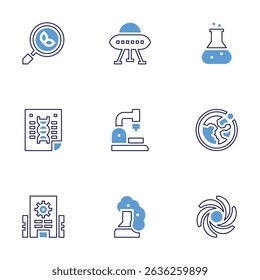 Science icon set. Bold line style. Duotone colors. Editable stroke. search, ufo, flask, poster, microscope, orbit, research center, black hole.