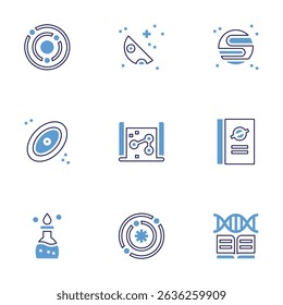 Science icon set. Bold line style. Duotone colors. Editable stroke. solar system, half moon, planet, nebula, map, book, bunsen burner, galaxy, genetics.