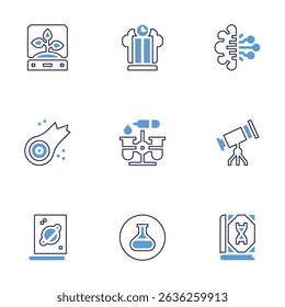Science icon set. Bold line style. Duotone colors. Editable stroke. plant, time machine, artificial intelligence, asteroid, test, telescope, space, lab, science.