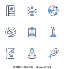 Science icon set. Bold line style. Duotone colors. Editable stroke. chemistry, dna, geography, mars, report, gmo, astronomy, sulphite, microorganism.