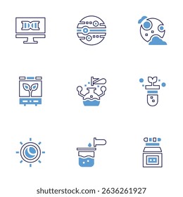 Science icon set. Bold line style. Duotone colors. Editable stroke. dna, neptune, full moon, incubator, research, gmo, eclipse, chemical, toxic chemical.