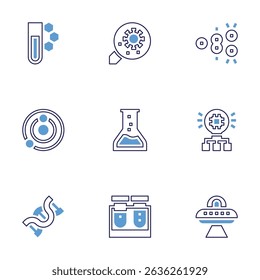Science icon set. Bold line style. Duotone colors. Editable stroke. chemistry, virus, cell division, solar system, flask, innovation, genetics, test tube, ufo.