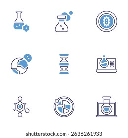 Science icon set. Bold line style. Duotone colors. Editable stroke. chemistry, flask, bacteria, moon, dna, structure, orbit.