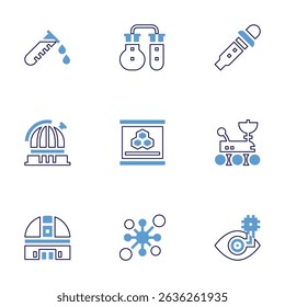 Science icon set. Bold line style. Duotone colors. Editable stroke. corrosive, chemical, dropper, observatory, dna, moon rover, telescope, molecule, eye.