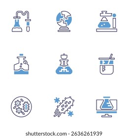 Science icon set. Bold line style. Duotone colors. Editable stroke. chemistry, plasma ball, flask, chemical, petri dish, bacteria.