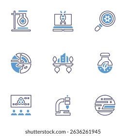Science icon set. Bold line style. Duotone colors. Editable stroke. chemistry, genetic engineering, nanotechnology, geology, floating island, biomass, molecules.