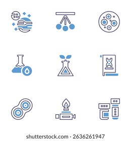 Science icon set. Bold line style. Duotone colors. Editable stroke. planet, pendulum, moon, chemical, plant, research, cell, bunsen burner, sample tube.