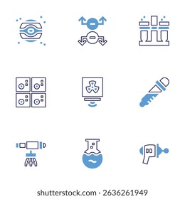 Science icon set. Bold line style. Duotone colors. Editable stroke. planet, magnet, test tube, periodic elements, radiation, dropper, telescope, boiling, toy gun.