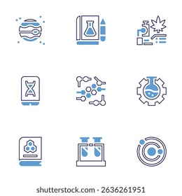 Science icon set. Bold line style. Duotone colors. Editable stroke. planet, flask, microscope, smartphone, chemical, settings, book, test tubes, solar system.