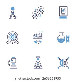 Science icon set. Bold line style. Duotone colors. Editable stroke. phage, cloning, book, eye, geology, microbiology, microscope, sulphite, brain.