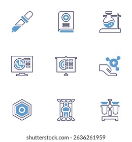 Science icon set. Bold line style. Duotone colors. Editable stroke. pipette, medicine book, flask, geology, slideshow, refund, cell, teleport, chemistry.
