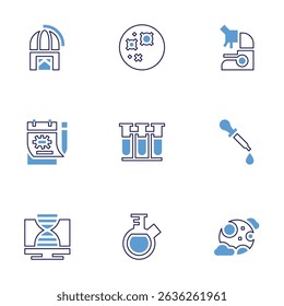 Science icon set. Bold line style. Duotone colors. Editable stroke. observatory, mercury, microscope, note, test tube, pipette, pc, flask, full moon.