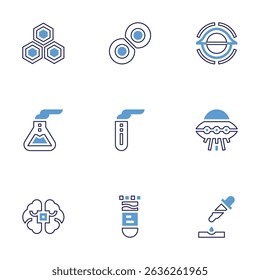 Science icon set. Bold line style. Duotone colors. Editable stroke. nucleotide, cell, black hole, flask, test tube, ufo, brain, pipette.
