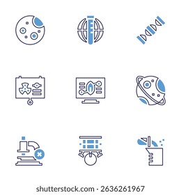 Science icon set. Bold line style. Duotone colors. Editable stroke. moon, research, dna, laboratory, saturn, microscope, robot, experiment.