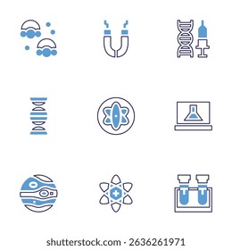 Science icon set. Bold line style. Duotone colors. Editable stroke. microorganism, magnetism, genetic engineering, dna, atom, laptop, mercury, test tube.